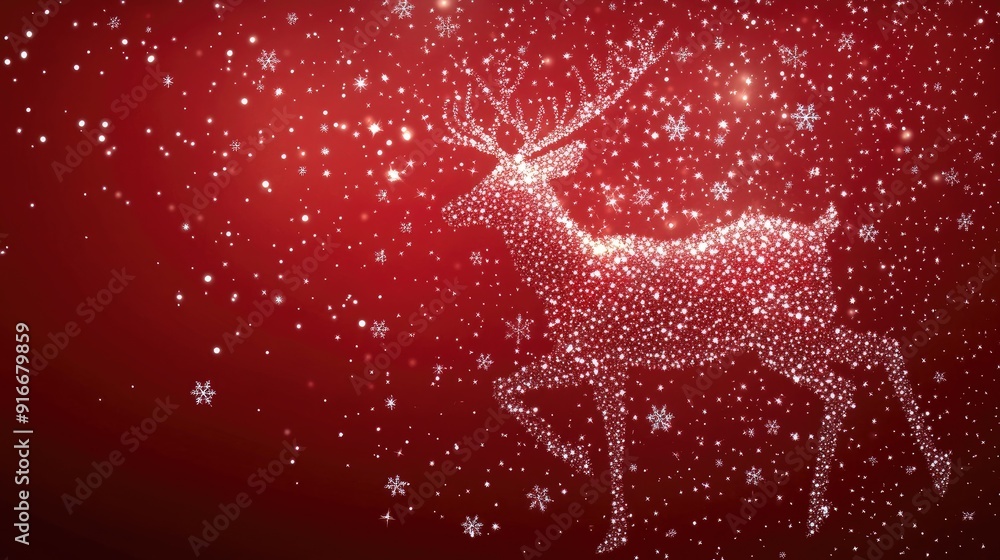 Fototapete 2d illustration of a reindeer made from tiny snowflakes and stars, with a bold red background and sp