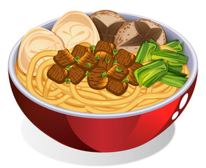 Mie Ayam with Wonton, Bakso, Caisim, Chicken & Chopped Green Onions - Indonesian Chicken Noodles Bowl