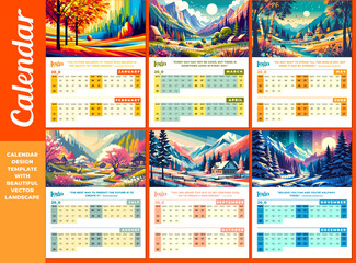 Calendar template featuring stunning Editable vector landscapes that beautifully capture the essence of each season. Perfect for digital or offset printing with true-to-life colors.