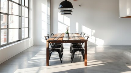 minimalist dining area with a wooden table, black metal chairs, and a single pendant light, set against a backdrop of concrete floors and white walls