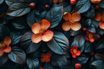 An exquisite floral wallpaper with a black background, showcasing a bunch of leaves and flowers with plenty of copy space