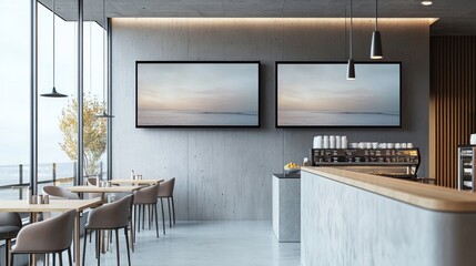 Blank mock up for menu board display screen, for restaurant cafe food business. Warm cozy atmosphere