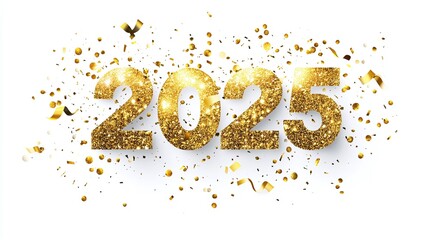 Happy new year 2025 illustration, With glittering numbers and gold glitter sprinkles on white background.