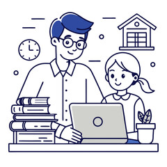 Teacher and Student Computer Line Art Doodle Vector