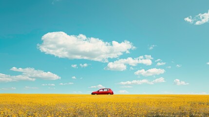 Fototapeta premium A red car on the flower field under blue sky, holiday travel, AI generated for Ads