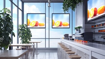 Blank mock up for menu board display screen, for restaurant cafe food business. Warm cozy atmosphere