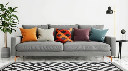Colorful pillows on an elegant grey couch in stylish living room