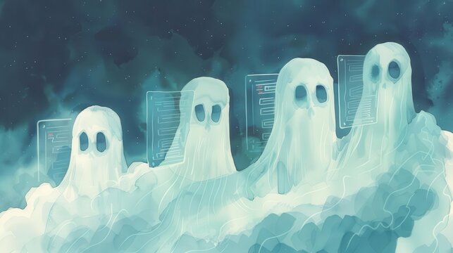 Halloween cloud computing, ghostly figures transferring data, spooky mist, Watercolor style