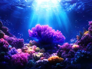 Vibrant coral reef underwater with sunlight shining through