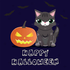 halloween background with pumpkin and bats and cat