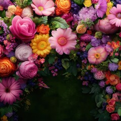 Vibrant floral arrangement with pink, orange, yellow, and purple flowers.