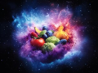 Obraz premium Assortment of fresh fruit against a galaxy backdrop.
