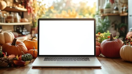 Laptop computer mock up white empty blank screen template Happy Halloween pumpkins decorations background, Thanksgiving digital online shopping website promo fall sale promotion offer ads, mockup.