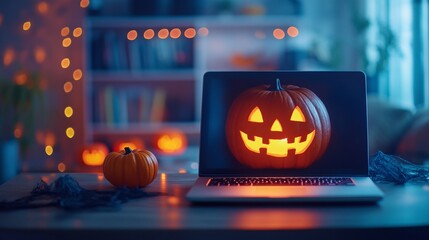 Laptop Happy Halloween pumpkins on table workspace background, computer on Haloween holiday desk with decorations for remote office party celebration cozy workplace online work.