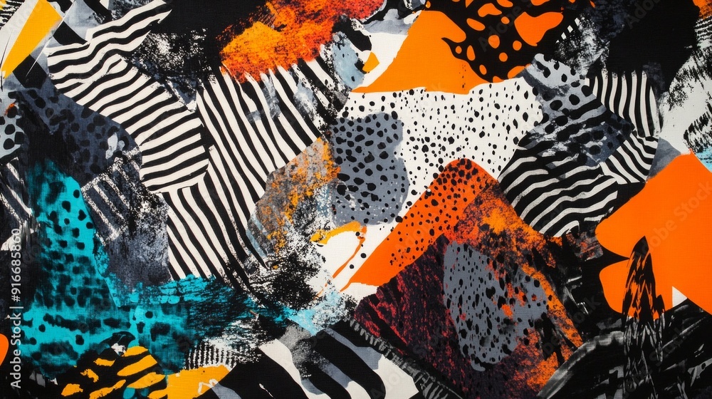 Poster chaotic overlapping prints with layered patterns in vibrant colors and textures