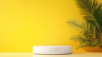 3D summer podium with minimal design and tropical backdrop featuring palm trees, ideal for product displays