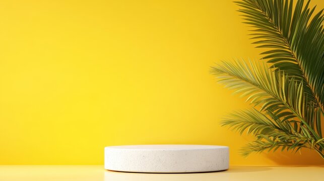 3D summer podium with minimal design and tropical backdrop featuring palm trees, ideal for product displays