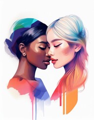 Obraz premium Watercolor illustration of two diverse women in an intimate pose, showcasing LGBTQ representation, vibrant and artistic.