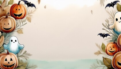 Halloween-themed first birthday invitation card with cute pumpkins, ghosts, and bats, gentle design.