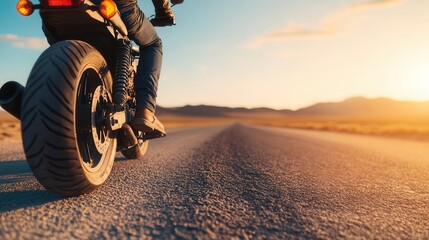 Obraz premium Man on a motorcycle riding through a sunsoaked desert road, hot solo adventure