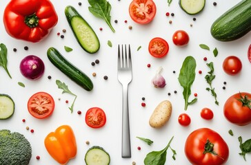 Fork and Vegetables on White Background