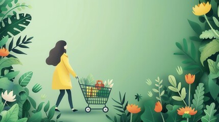 Illustration of a woman grocery shopping amidst lush green foliage, symbolizing eco-friendly and sustainable living.