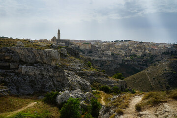Fototapeta premium Mountain path heading to Matera town, Basilicata, Italy