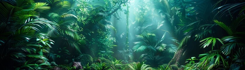Naklejka premium Dense tropical rainforest with vibrant greenery and diverse wildlife, teeming with life.