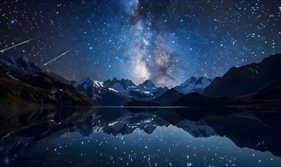 Fototapeta premium Snow-capped mountains and lakes under the Milky Way stars
