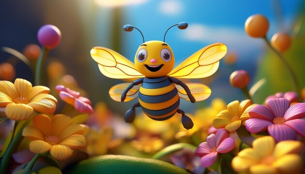 Una alegre y sonriente abeja hecha de plastilina volando sobre una flor. Tema infantil