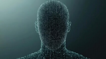 Digital silhouette with binary code cascading over a faceless figure, Hacker Identity, cyber anonymity concept