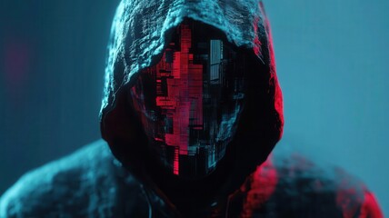 Hooded figure with face obscured by glitching digital mask, Hacker Identity, cyber intruder imagery