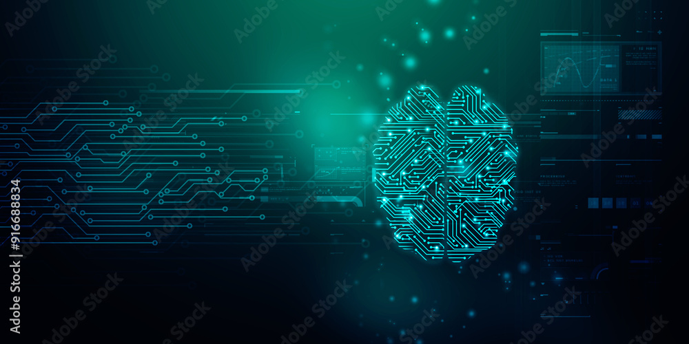 Poster 2d illustration concept of thinking, background with brain, abstract artificial intelligence. techno