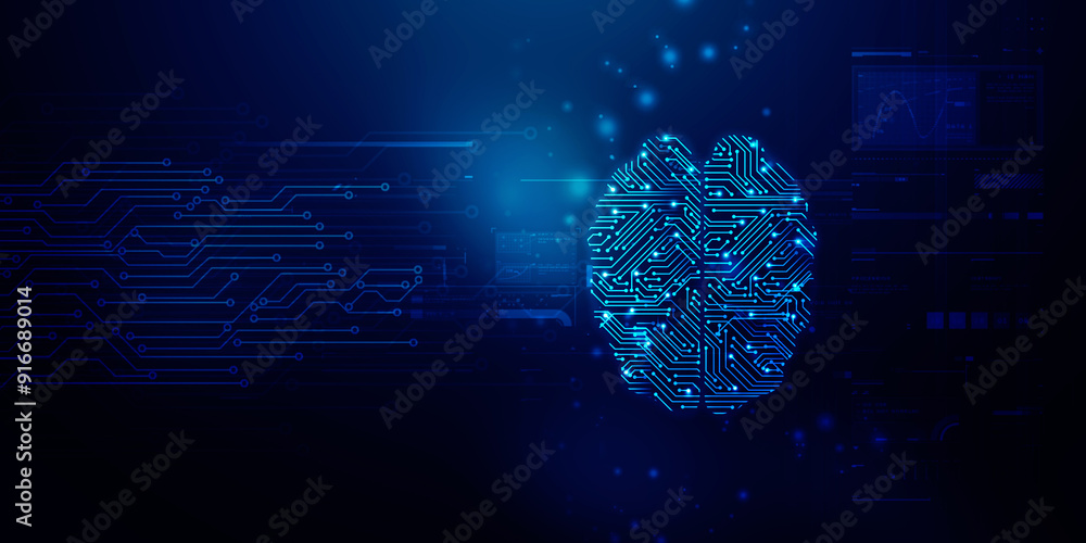 Poster 2d illustration concept of thinking, background with brain, abstract artificial intelligence. techno