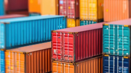 Fototapeta premium Multiple colorful shipping containers stacked, showcasing international trade, transportation, and cargo logistics.