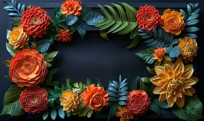 Assorted 3D floral border with rich colors and a central copy space on a dark backdrop