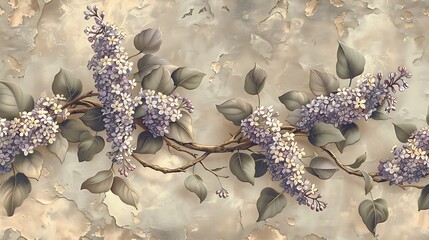 A beautifully detailed vintage wallpaper featuring a timeless garden with lilacs and lavender intertwined with ivy. The flowers are illustrated with intricate details and soft, muted hues,