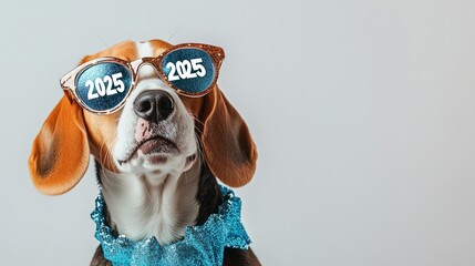 Beagle dog wearing new year glasses with text "2025" on white background, copy space concept for Happy New Year celebration and Cute pet animal in festive costume celebrating Christmas orolumous day, 
