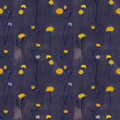 Seamless floral pattern, field yellow drawn flowers on a texture background.