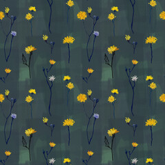 Seamless floral pattern, field yellow drawn flowers on a texture background.