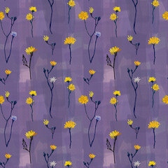 Seamless floral pattern, field yellow drawn flowers on a texture background.