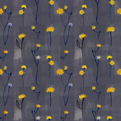 Seamless floral pattern, field yellow drawn flowers on a texture background.