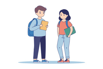 Two Students in Jeans and Sneakers Line Art Doodle Vector Holding Books and Folders