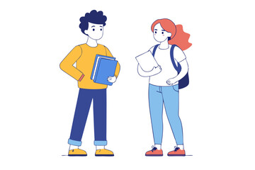 Two Students in Jeans and Sneakers Line Art Doodle Vector Holding Books and Folders