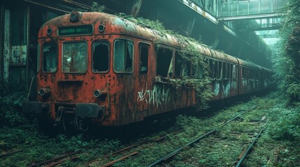 Obraz premium A train is covered in vines and leaves