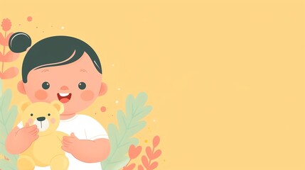 Happy baby, holding a teddy bear, flat design illustration