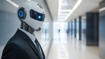 Robot in Suit in an Office Corridor
