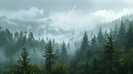 A foggy forest with lots of trees in the foreground and a lot of fog in the middle of the forest on the far side of the picture is a foggy sky.