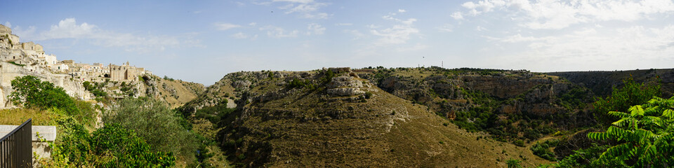 Panoramic view of the gorge nearby Matera town, Basilicata, Italy