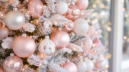 Frosted Christmas Tree with Soft Pink and Silver Decorations